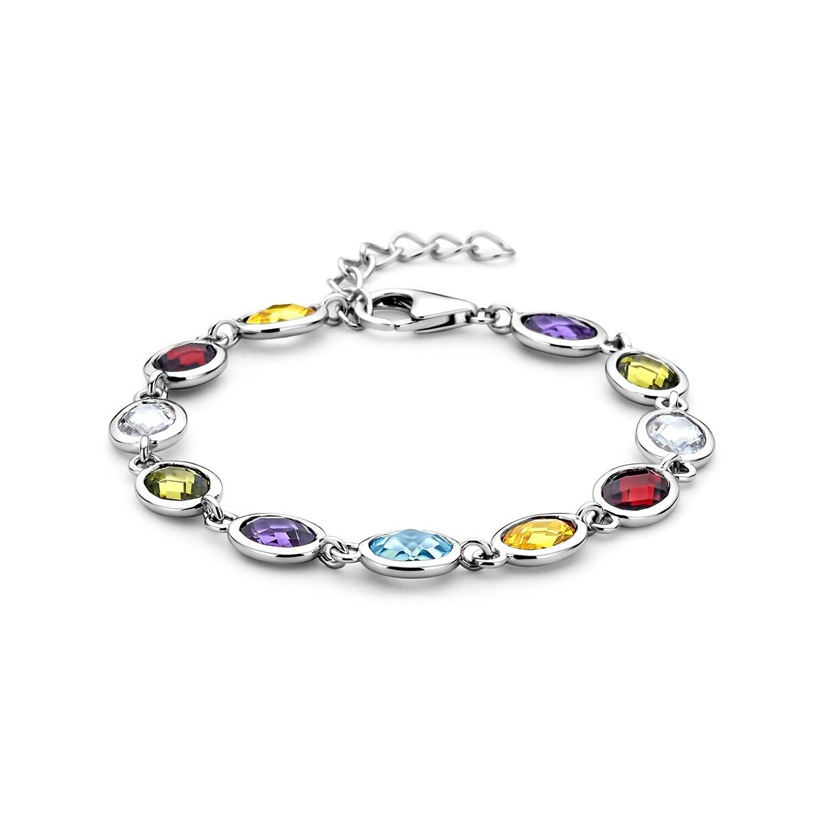 Bracciale in argento rodiato 925 con zircone colorate di diverse forme e tonalità.