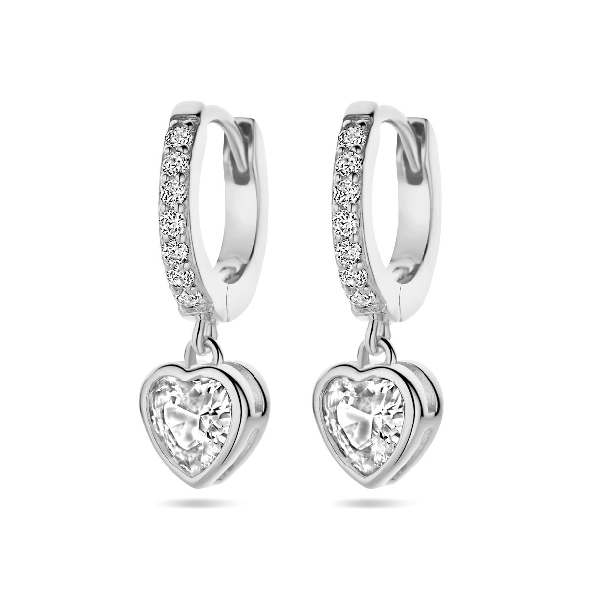 Orecchini a cerchio in argento rodiato con zircone a forma di cuore