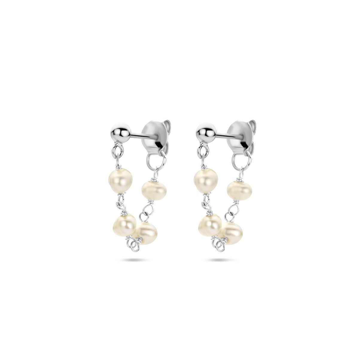 Orecchini da donna in argento rodiato con perle, lunghezza 18 mm.
