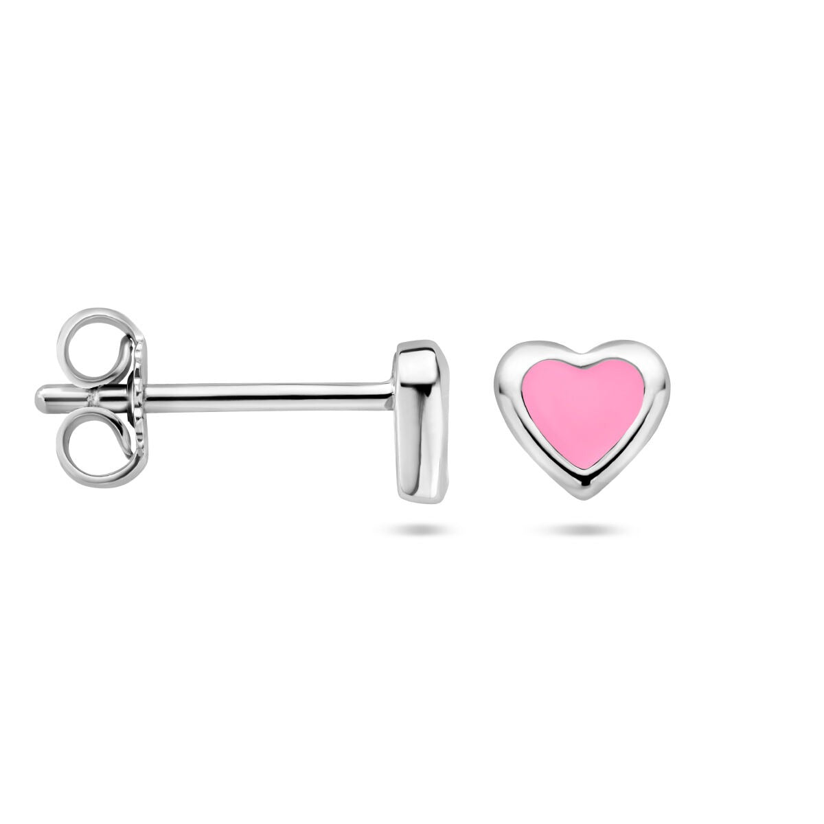 Orecchini a bottone cuoricino in argento con smalto rosa
