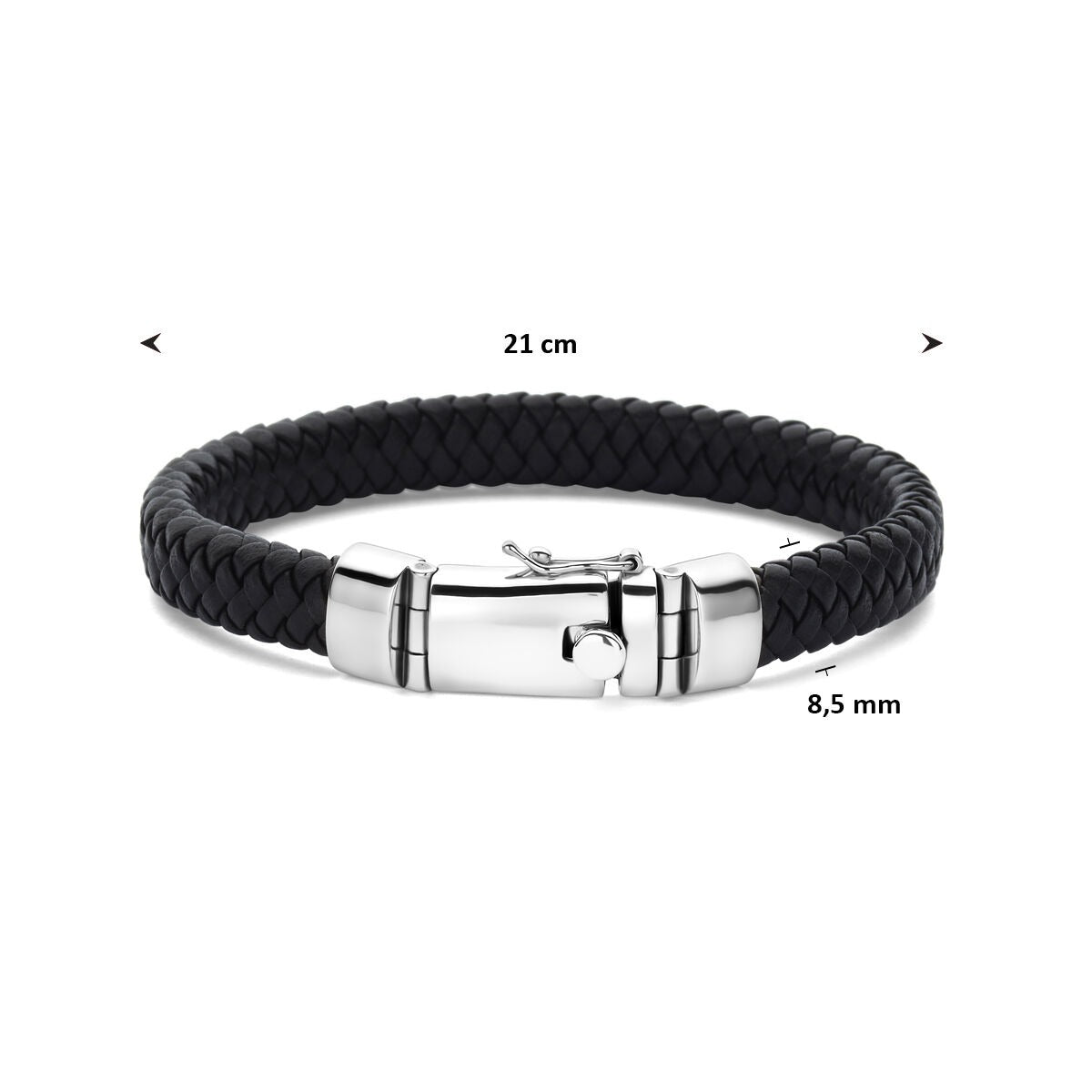 Bracciale da uomo in argento rodiato con pelle nera – largo 8,5 mm