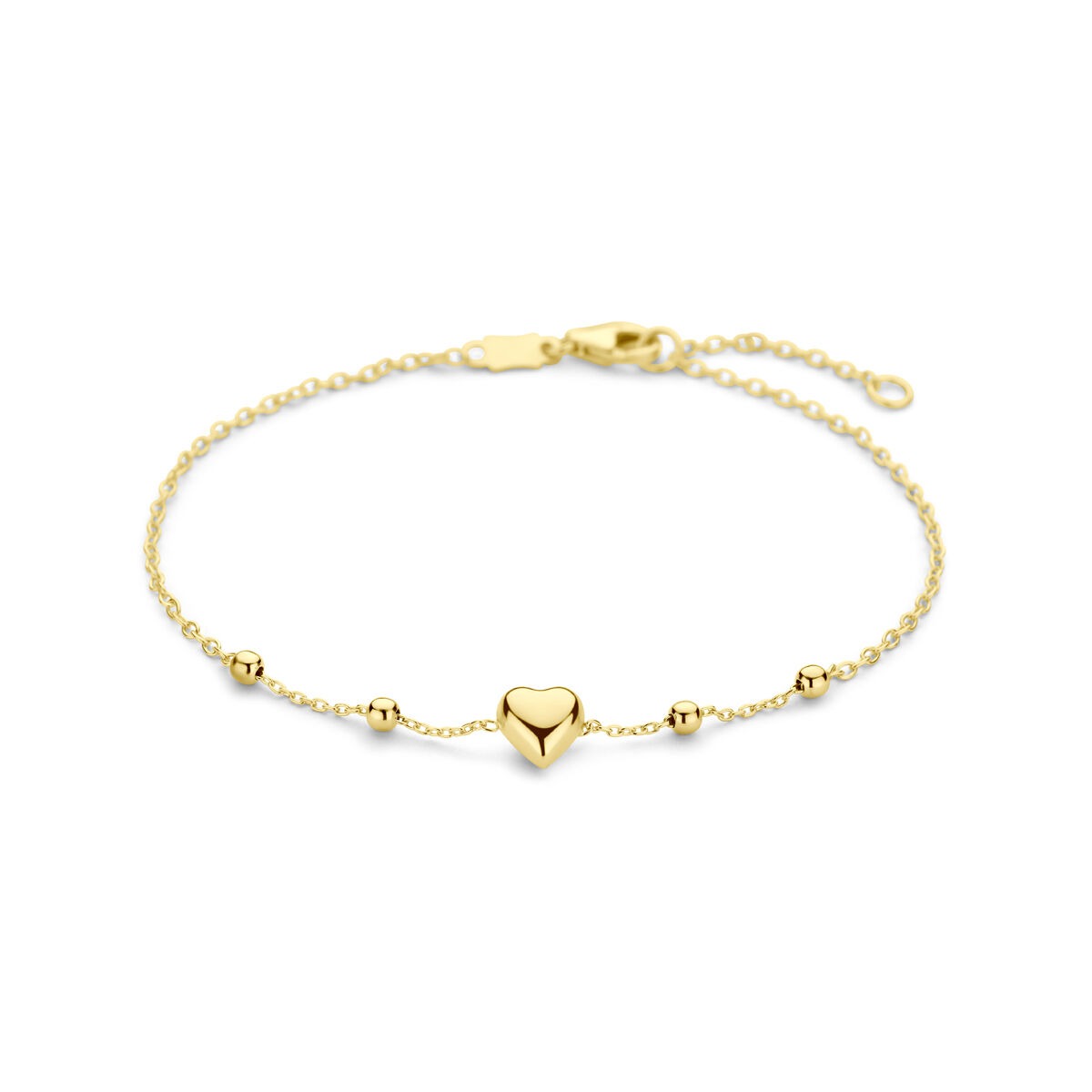 Bracciale in oro giallo 14k con cuore e pallini.