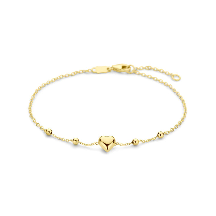 14k geelgouden kinderarmband met hartje en bolletjes