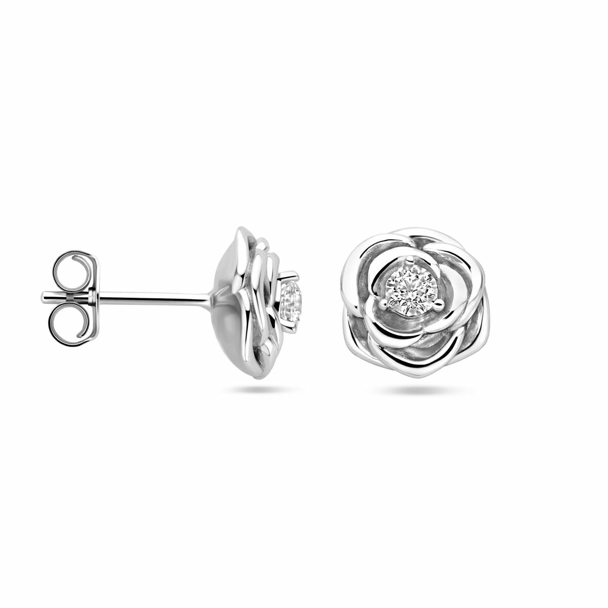 Orecchini a bottone in argento a forma di rosa con zircone