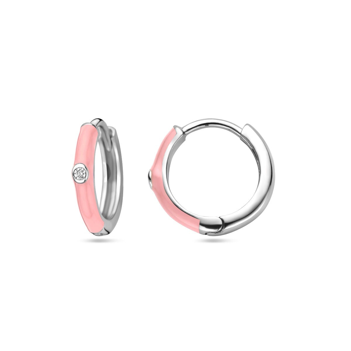 Creoli da donna in argento con zirconi e smalto rosa – rodiato 15 mm