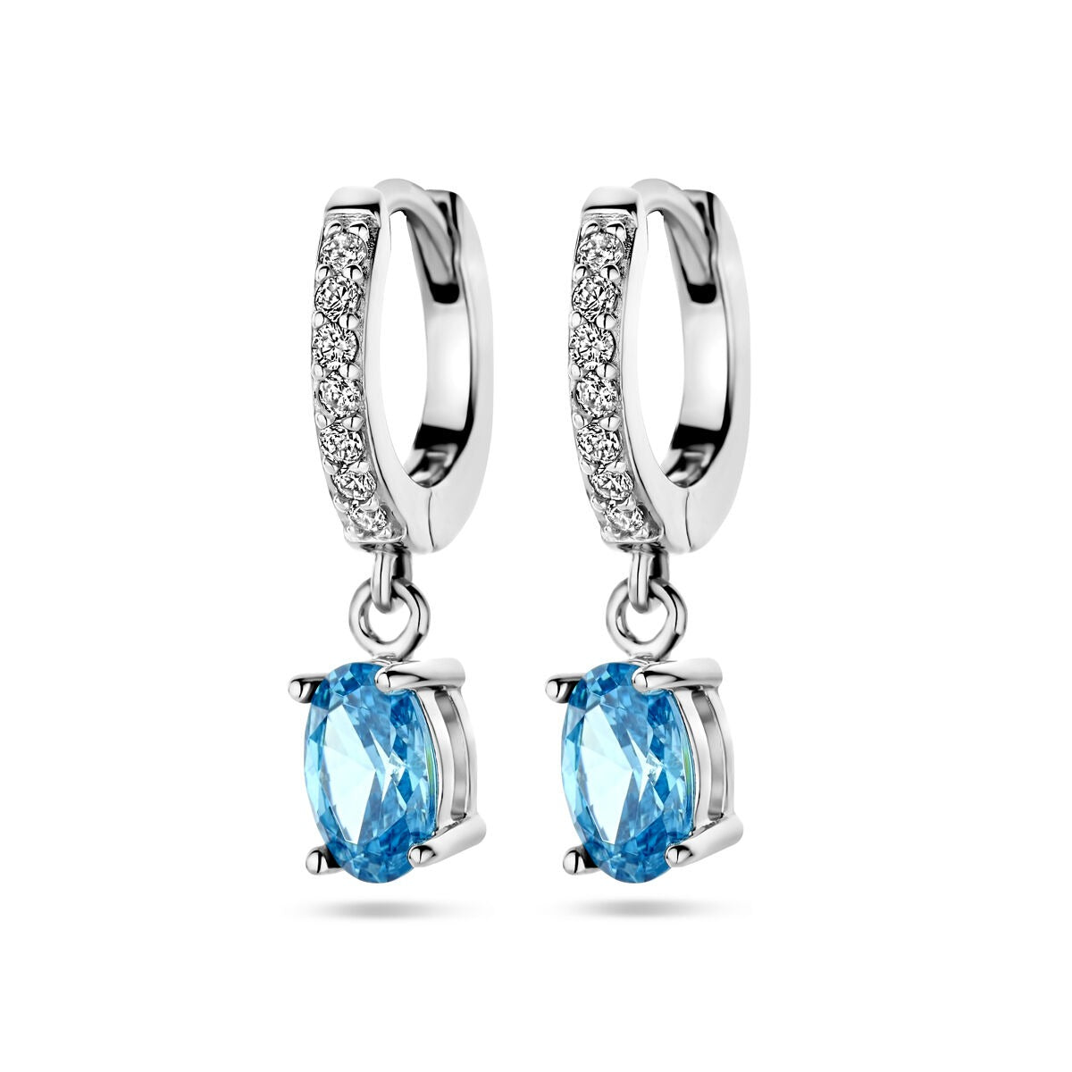Orecchini alla creola in argento rodiato con zirconi bianchi e blu.