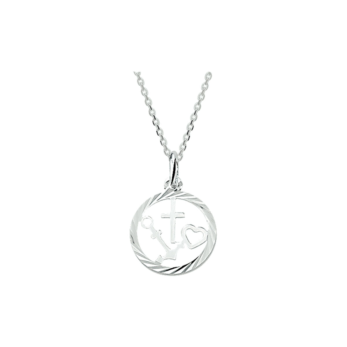 Collana in argento con ciondolo a forma di ancoraggio, con simboli di fede, speranza e amore.