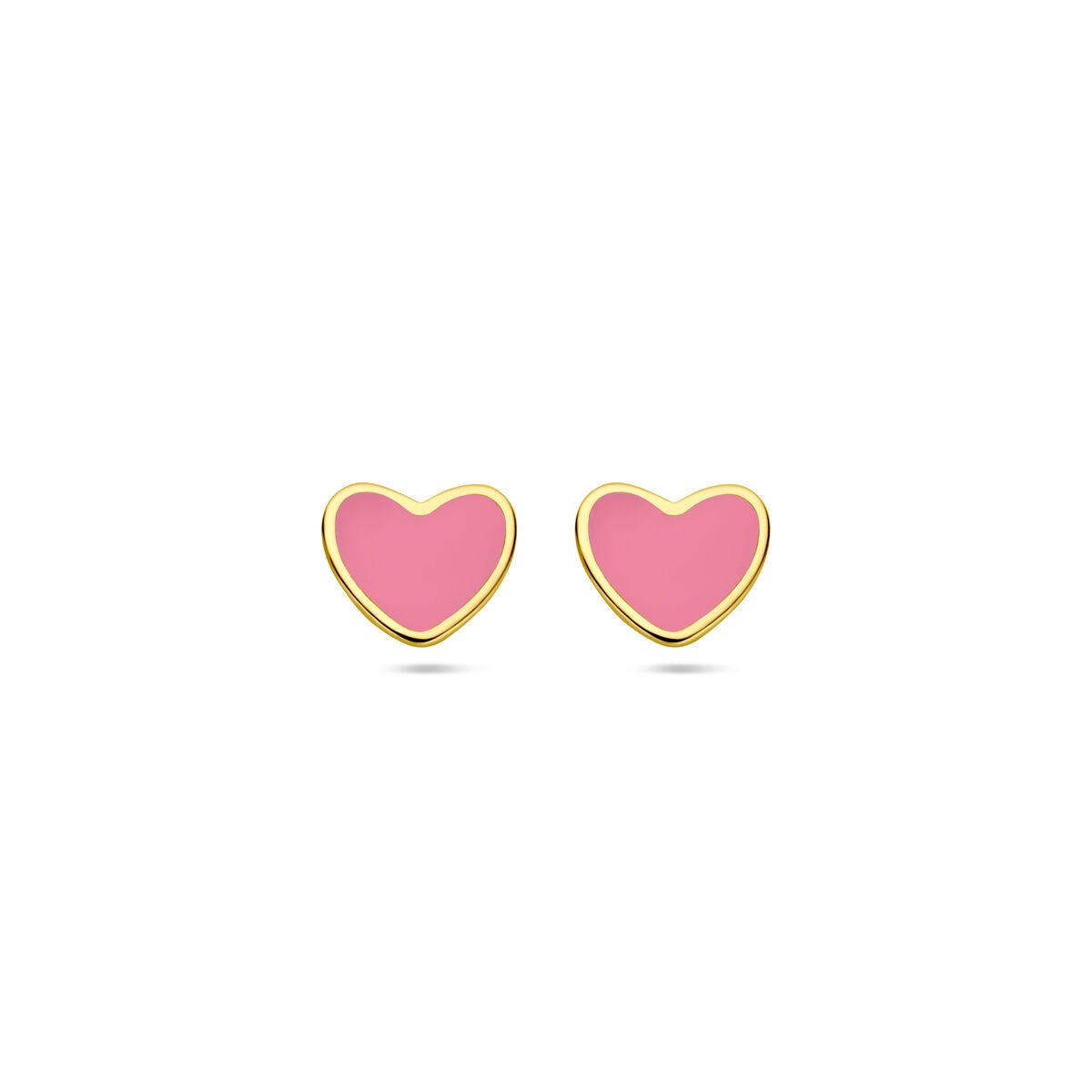 Orecchini in oro giallo 14k a forma di cuore con smalto rosa.