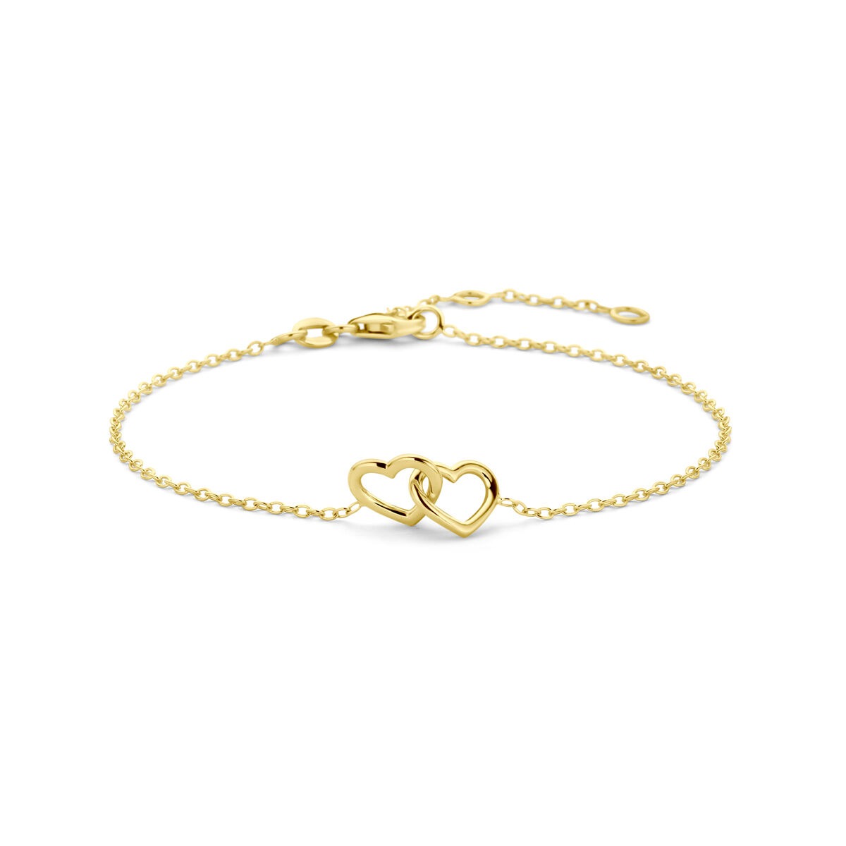 Bracciale in oro giallo 14k con due cuori intrecciate.