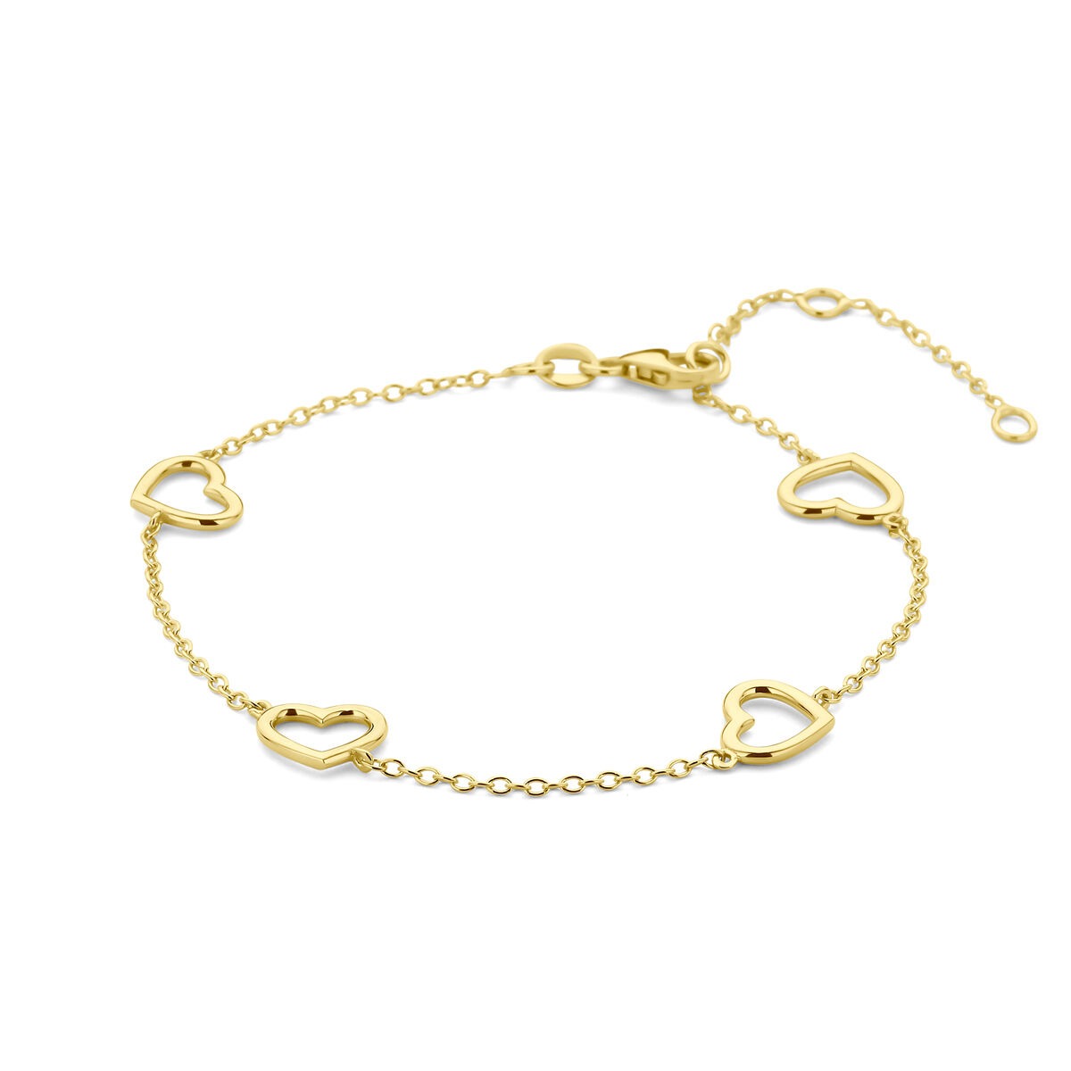 Bracciale in oro giallo 14k con pendenti a forma di cuore.