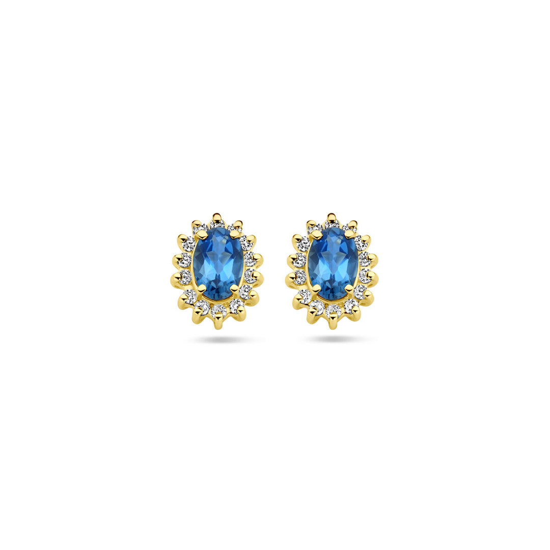 14k Geelgouden oorknoppen met London Blue topaas en diamant