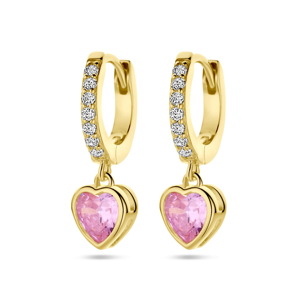 Orecchini in argento dorato con zircone rosa a cuore e accenti bianchi