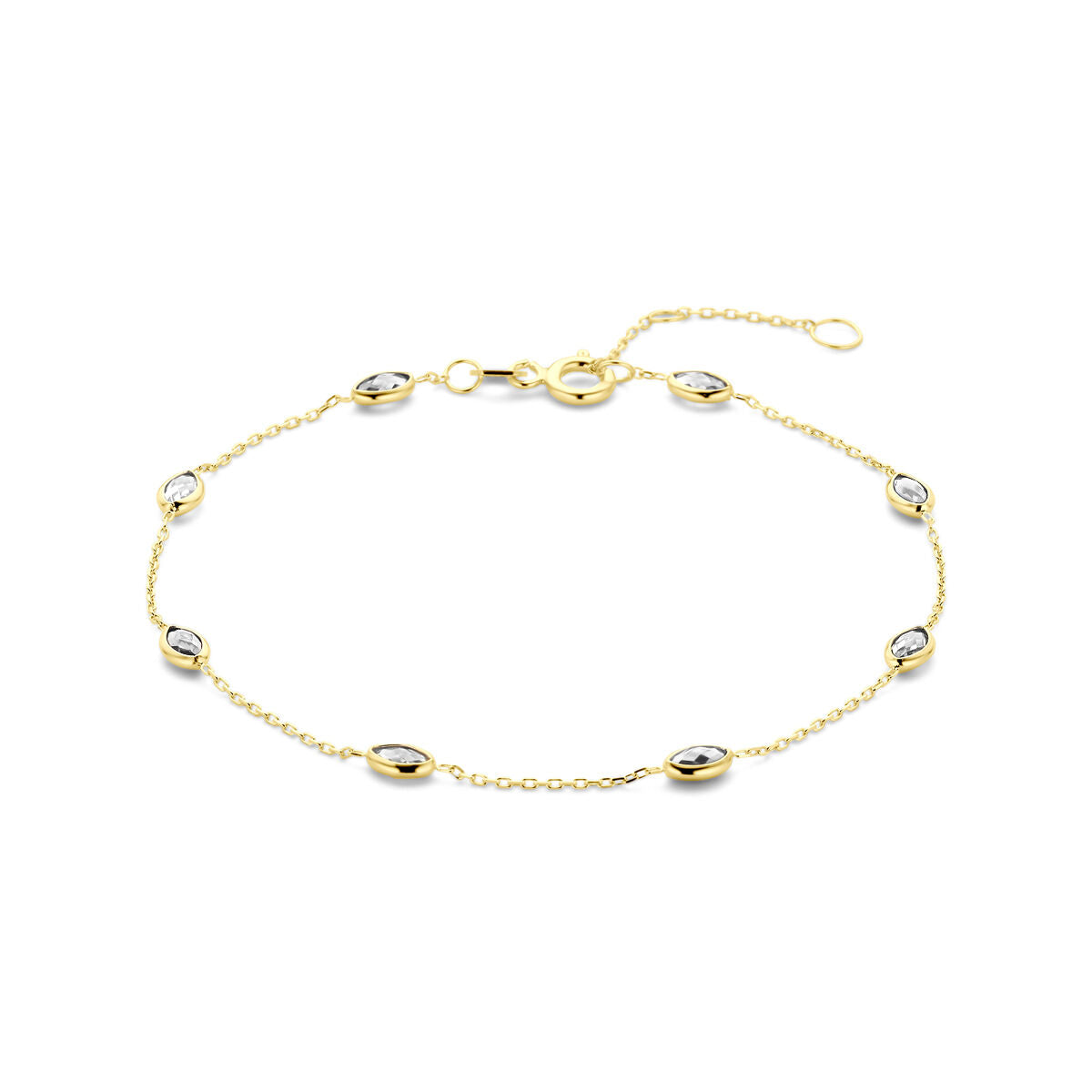 Bracciale in oro giallo 14k con zirconi, composto da elementi ovali alternati.