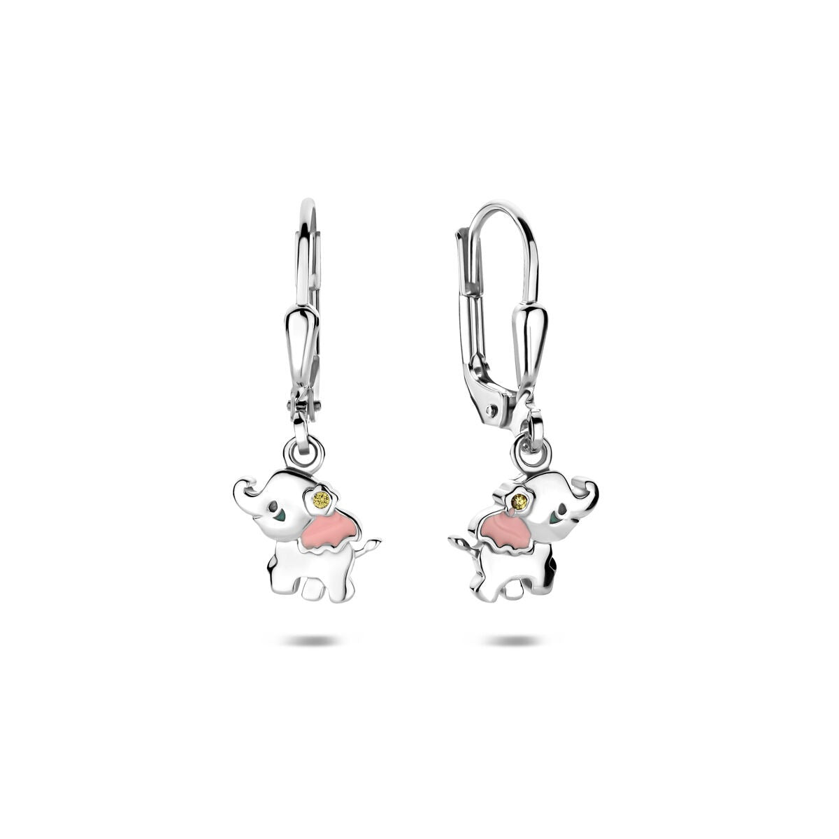 Zilveren kinder oorhangers in de vorm van een olifant, gerhodineerd 925 zilver met roze emaille en zirkonia, 23 mm.