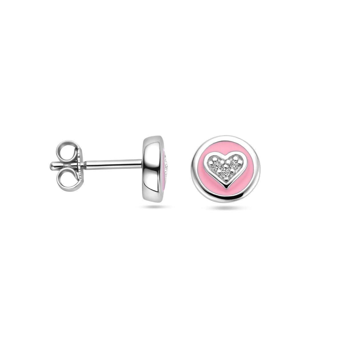 Orecchini a bottone per bambini in argento con smalto rosa e cuoricino di zircone