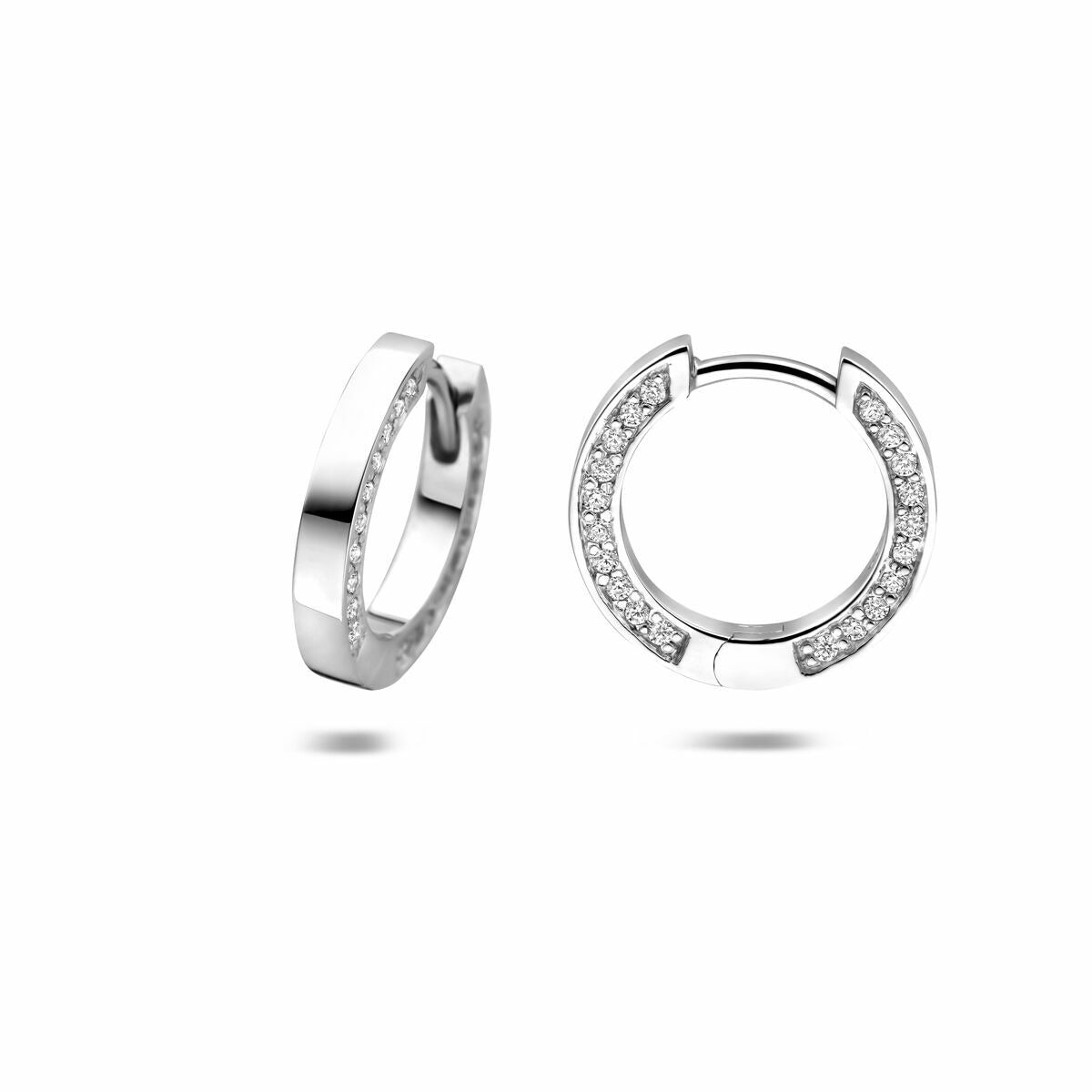 Orecchini a cerchio da donna con chiusura a scatto e zircone in argento – argento 925 rodiato 14,5 mm