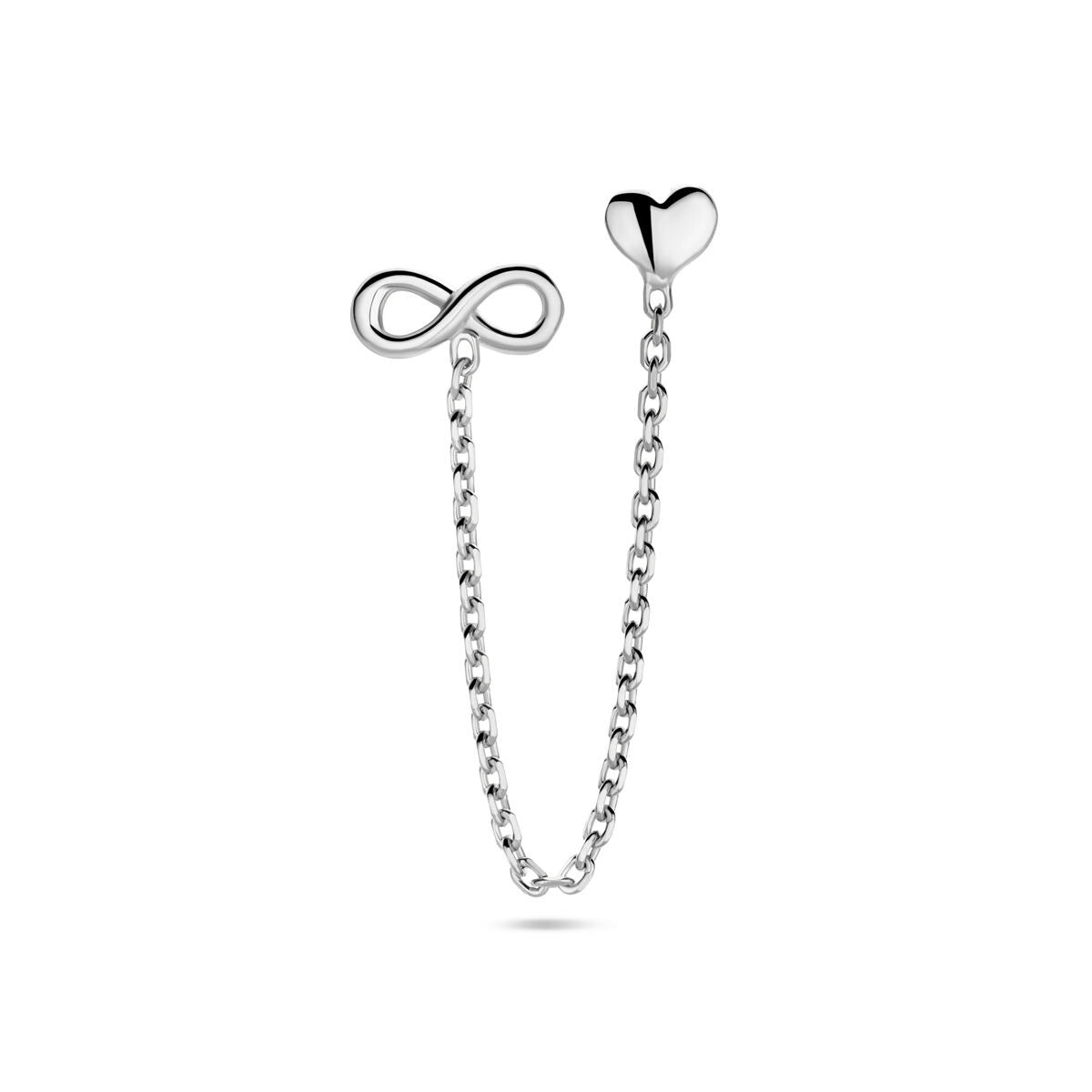 Orecchino a bottone in argento rodiato con cuore e simbolo dell'infinito