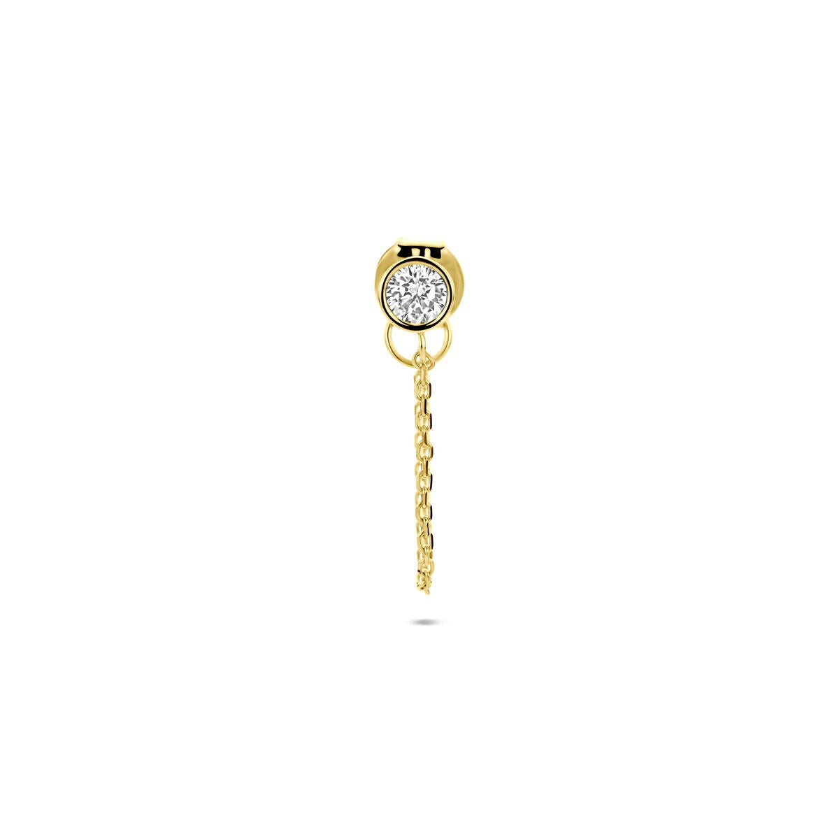 Orecchino in oro giallo 14k con zirconia, dotato di una catena pendente.