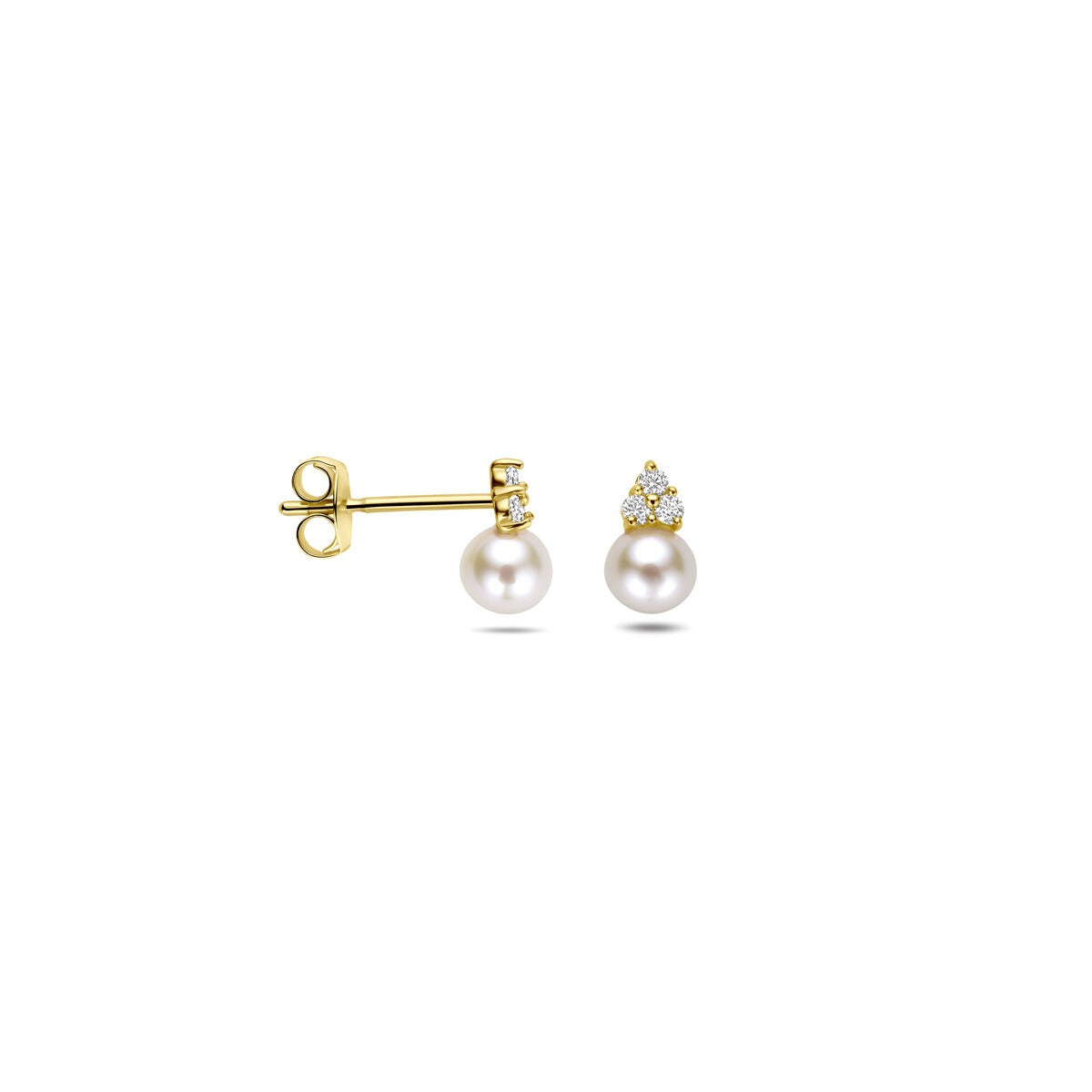 Orecchini a bottone da donna in oro giallo 14k con perla e zircone