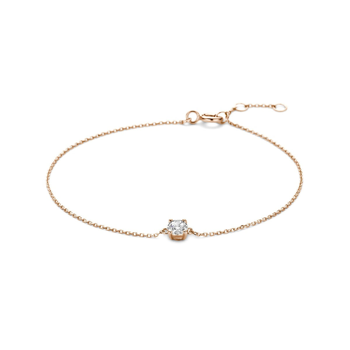 Bracciale da donna in oro rosa 14k con zirconi, catena a maglia ancorata, lunghezza 16,5–18,5 cm.