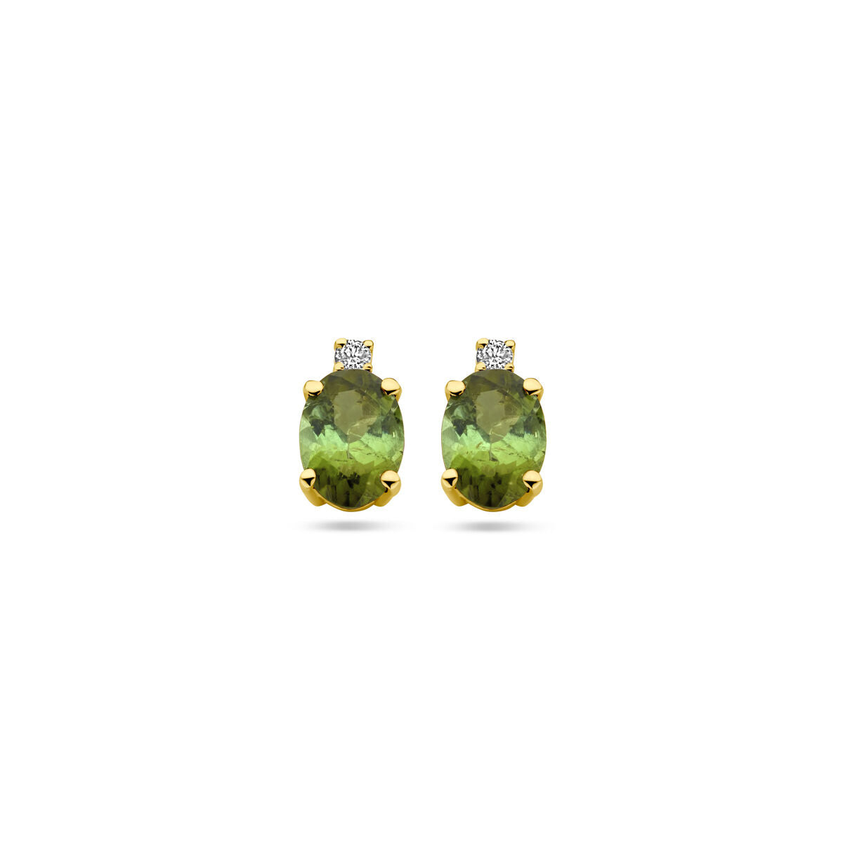 Orecchini in oro giallo 14k con tormalina verde e diamante, forma ovale.