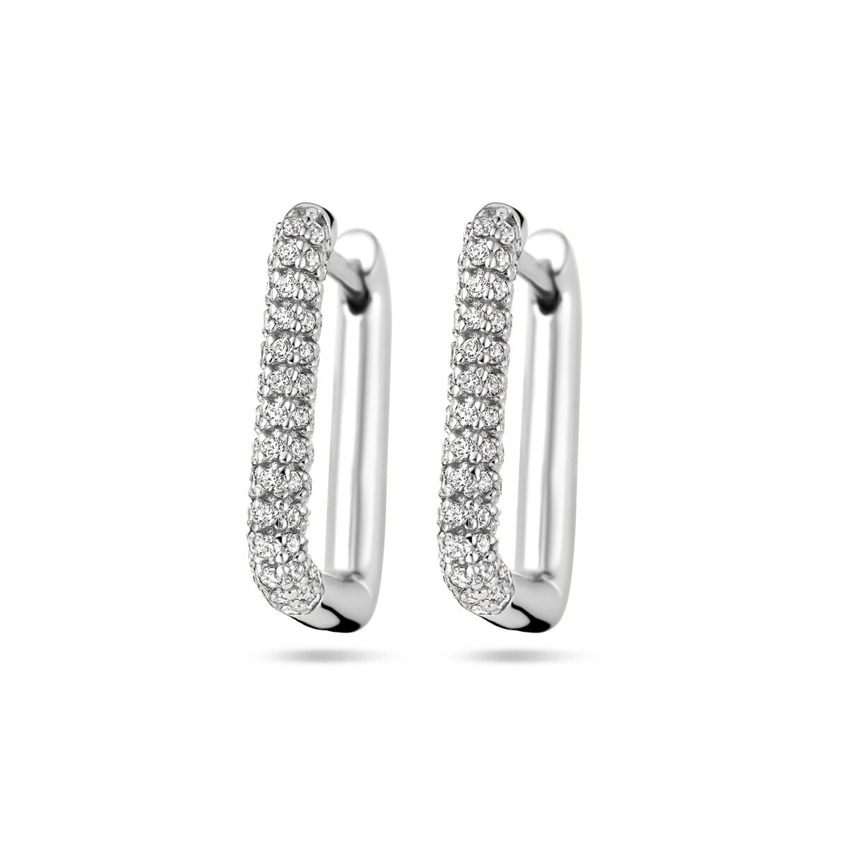 Orecchini alla creola in argento rodiato 925 con zircone, forma rettangolare e finitura lucida.