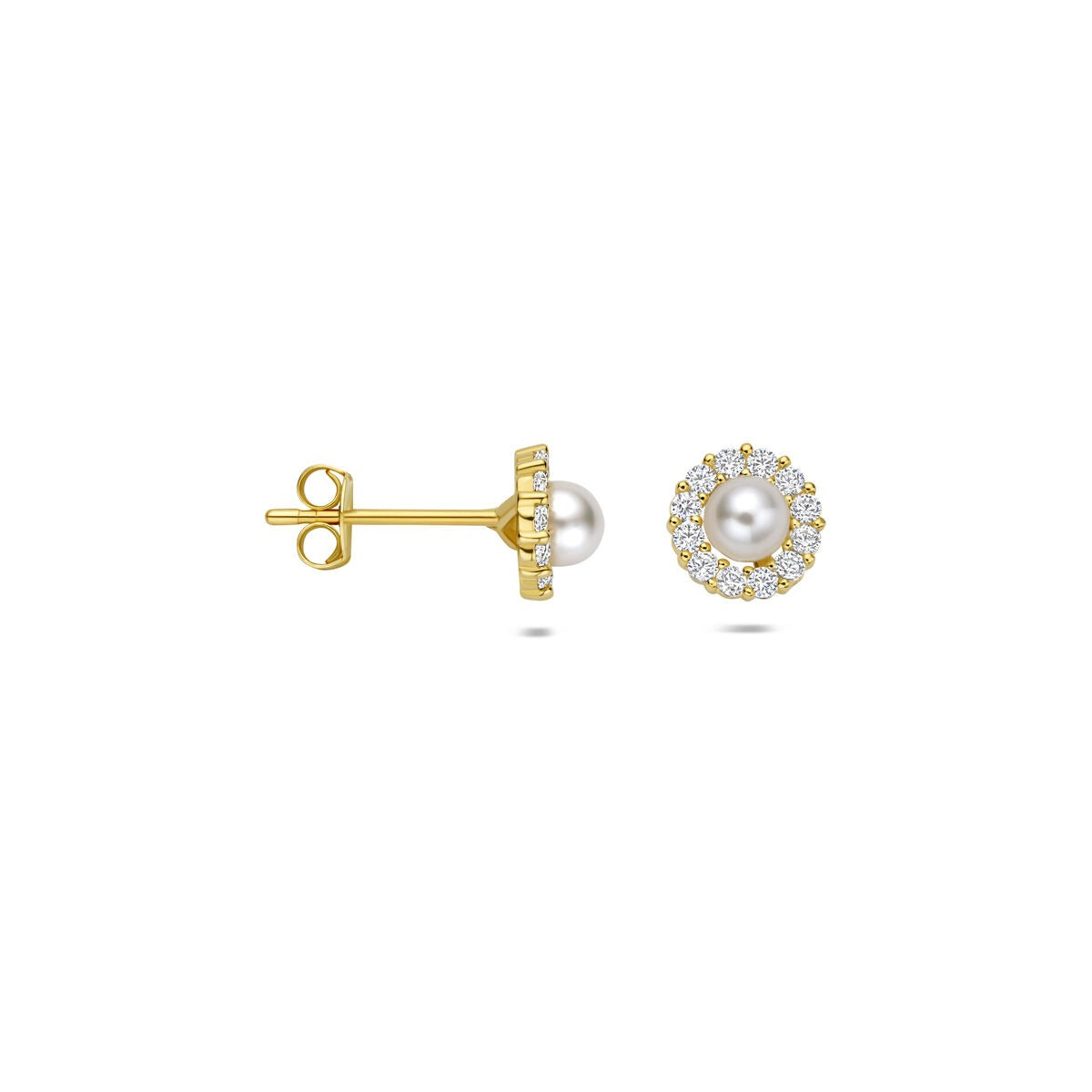 Orecchini a bottone in oro con perla d'acqua dolce e zircone – 14k