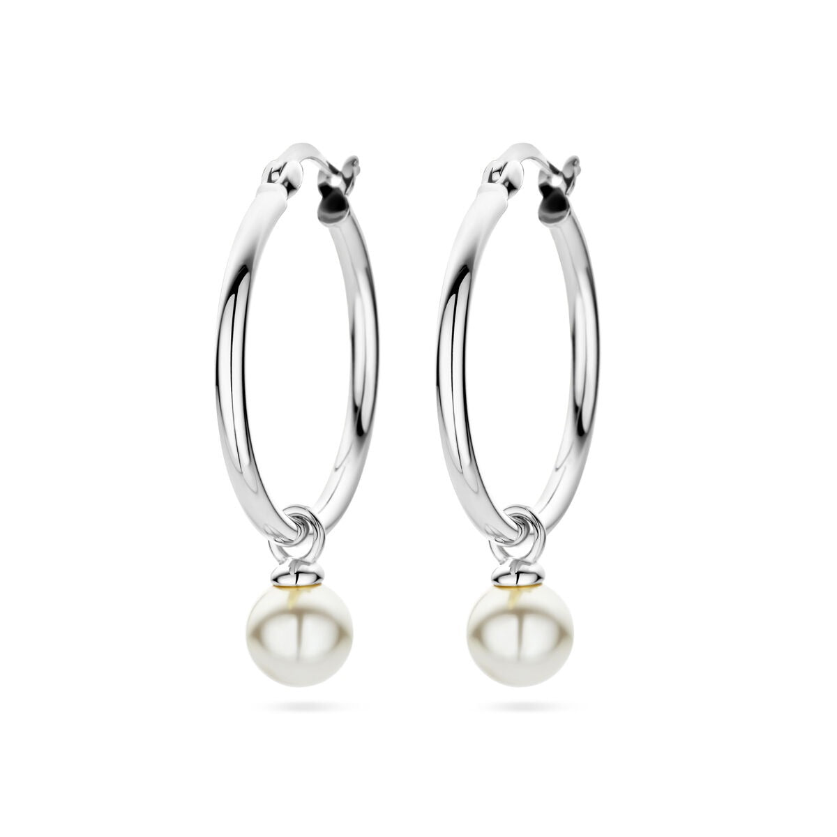 Orecchini alla creola in argento rodiato 925 con perla pendente.