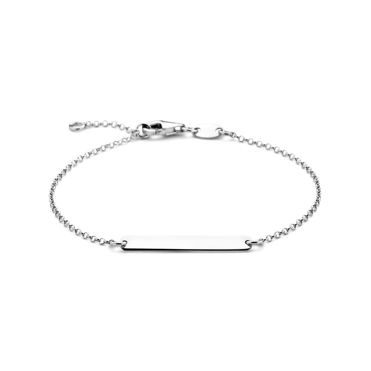 Bracciale da donna in argento rodiato con placca rettangolare per incisione.