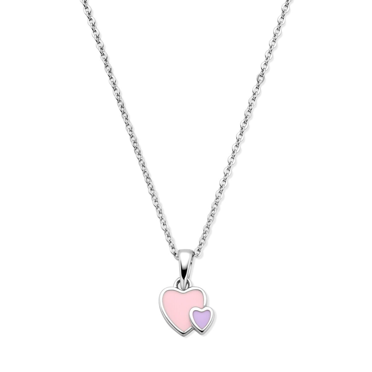Zilveren kinder ketting met twee hartjes, één roze en één lila, in gerhodineerd 925 zilver.