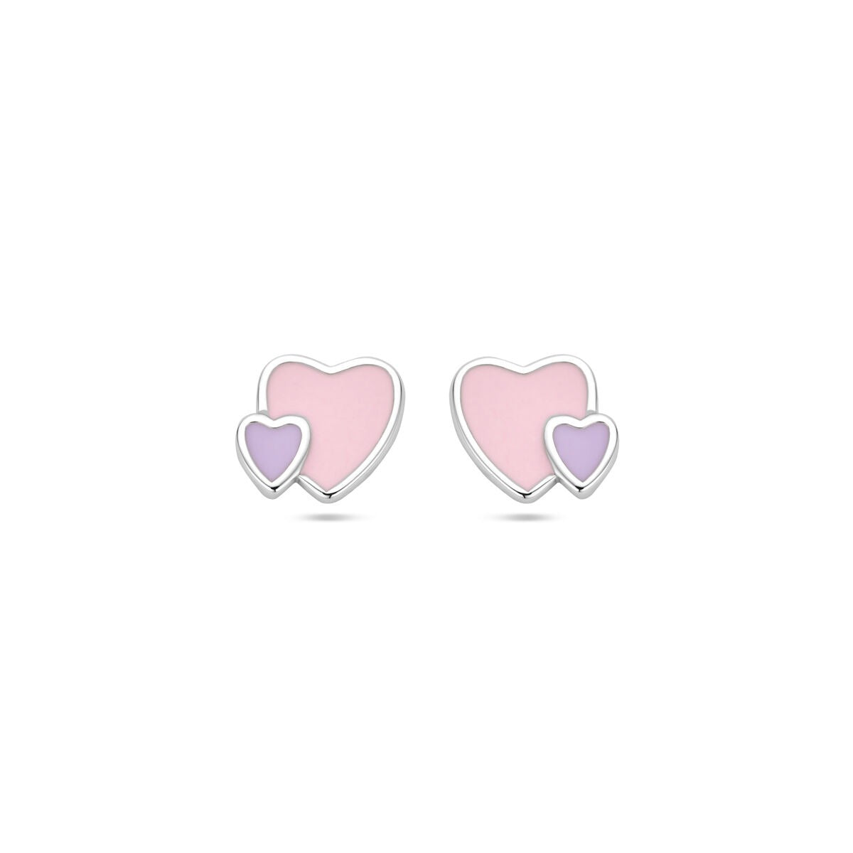 Orecchini per bambini in argento a forma di cuori con smalto rosa e viola.