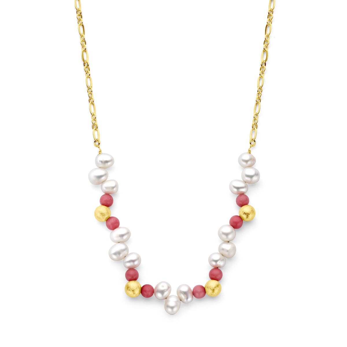 Collana in argento dorato con perle di acqua dolce e giada rosa.