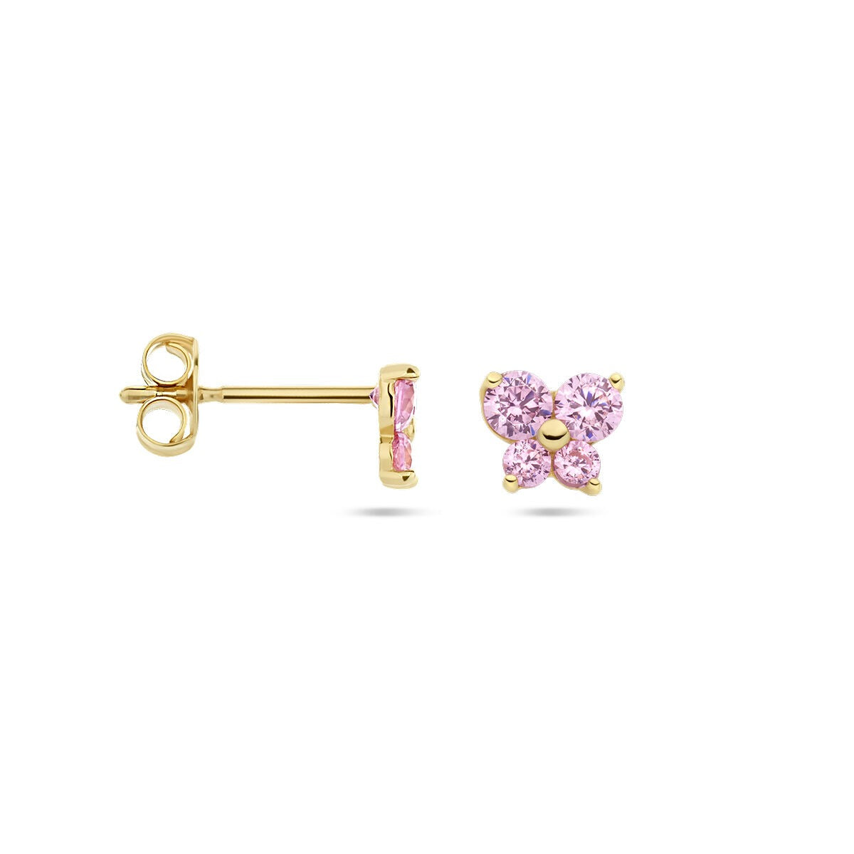 orecchini a bottone in oro giallo 14k farfalla con zirconia rosa