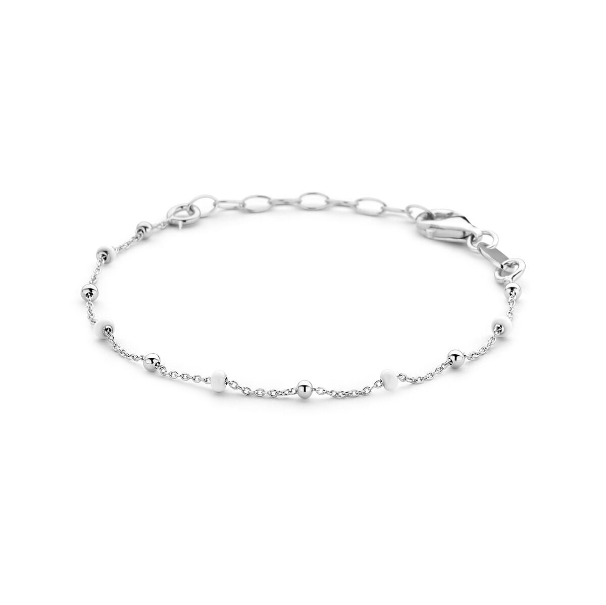 Bracciale in argento rodiato con palline bianche in smalto.
