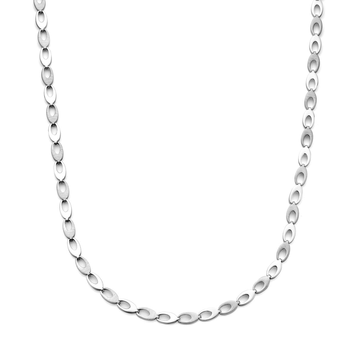 Collana fantasia in argento rodiato 925, con maglie ovali alternate.