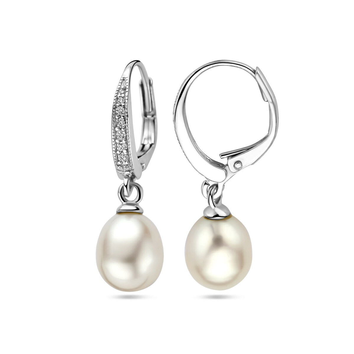 Orecchini pendenti in argento 925 rodiato con zirconia e perla d'acqua dolce