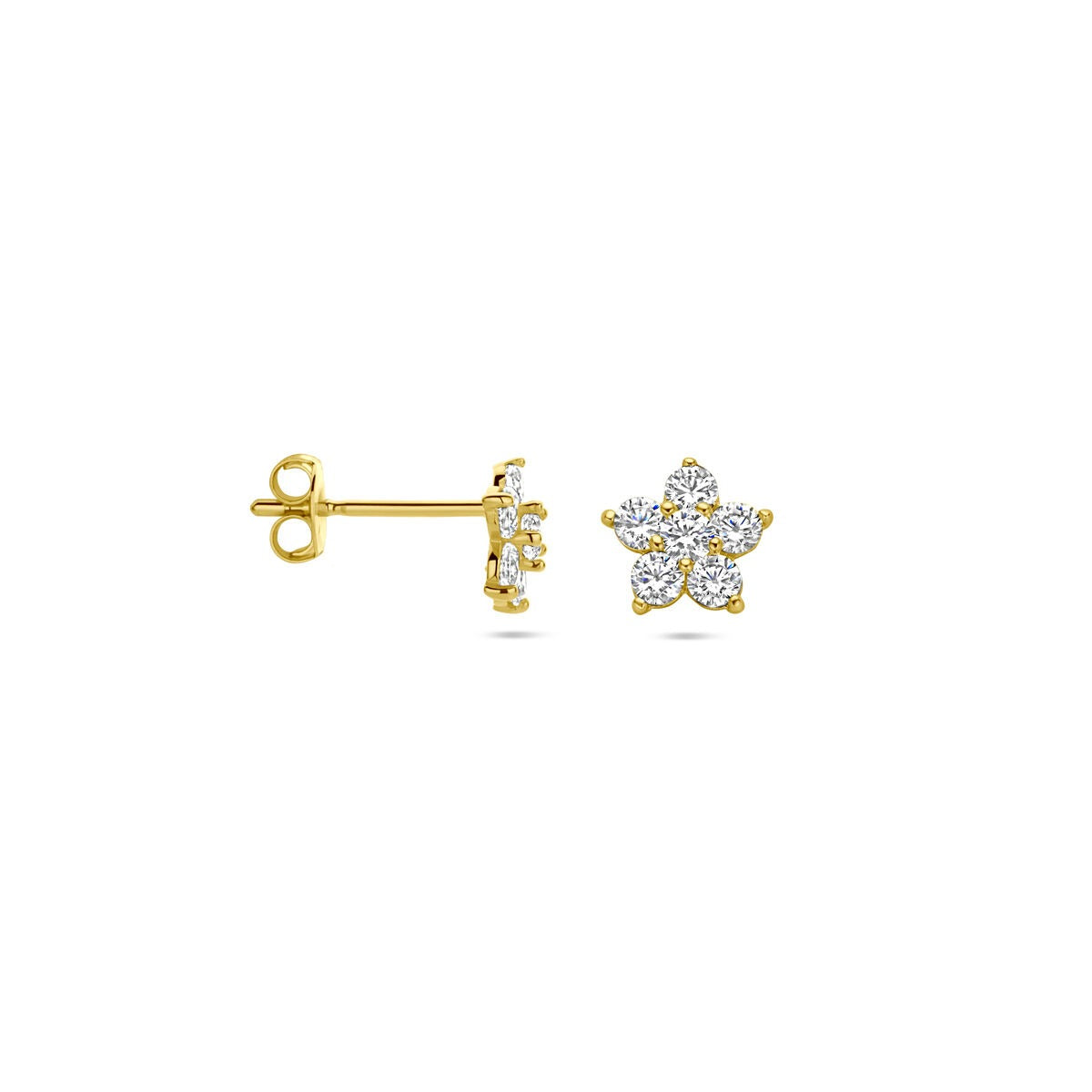 Orecchini a bottone per bambini in oro giallo 14K – forma di fiore con zircone trasparente