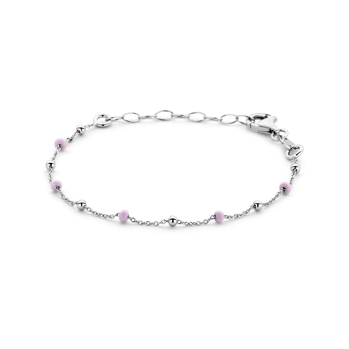 Bracciale in argento rodiato con palline di smalto rosa.