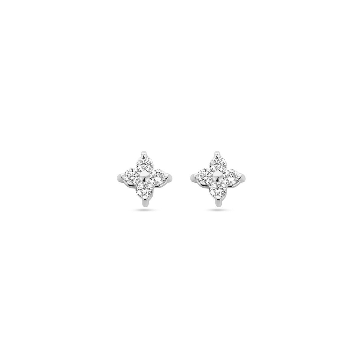 Orecchini da donna in argento rodiato con design floreale e zirconi, diametro 5 mm.