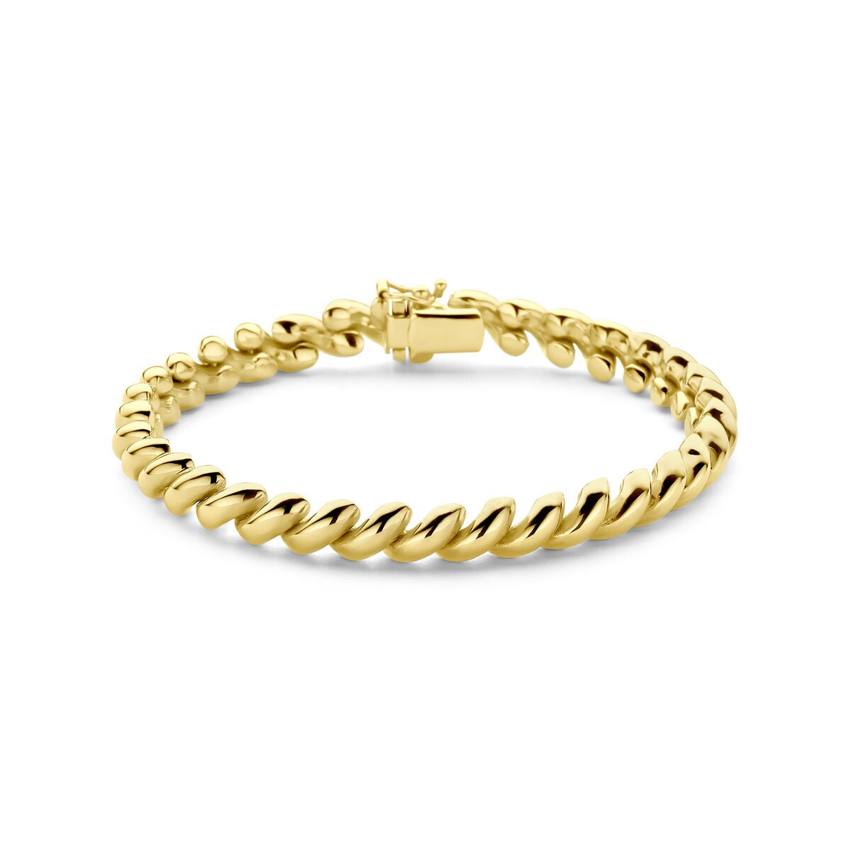 Bracciale in oro giallo 14k con chiusura a scatto, design a spirale.