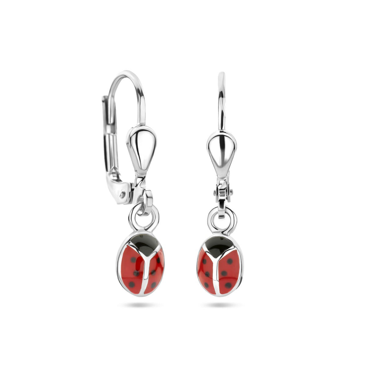 Orecchini pendenti per bambini in argento coccinella – rodiati con smalto