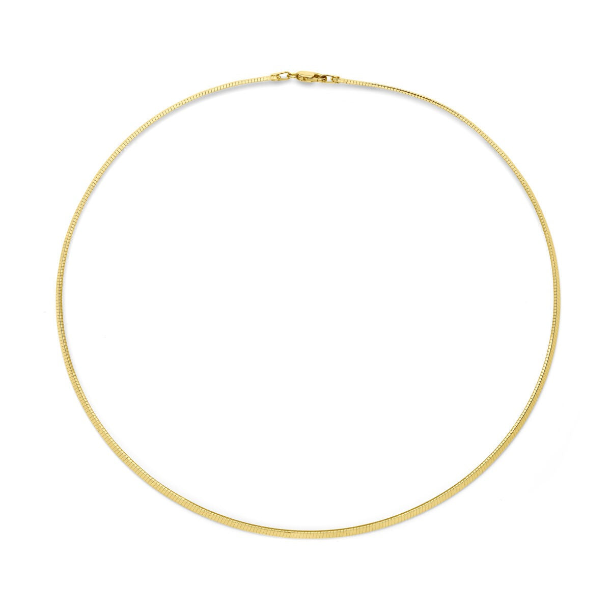 Collana omega in oro giallo 14k, spessore 2,5 mm, lunghezza 45 cm.