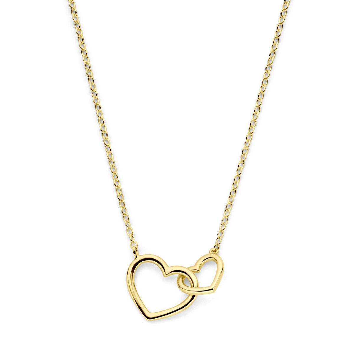 Collana in oro giallo 14k con due cuori intrecciati.