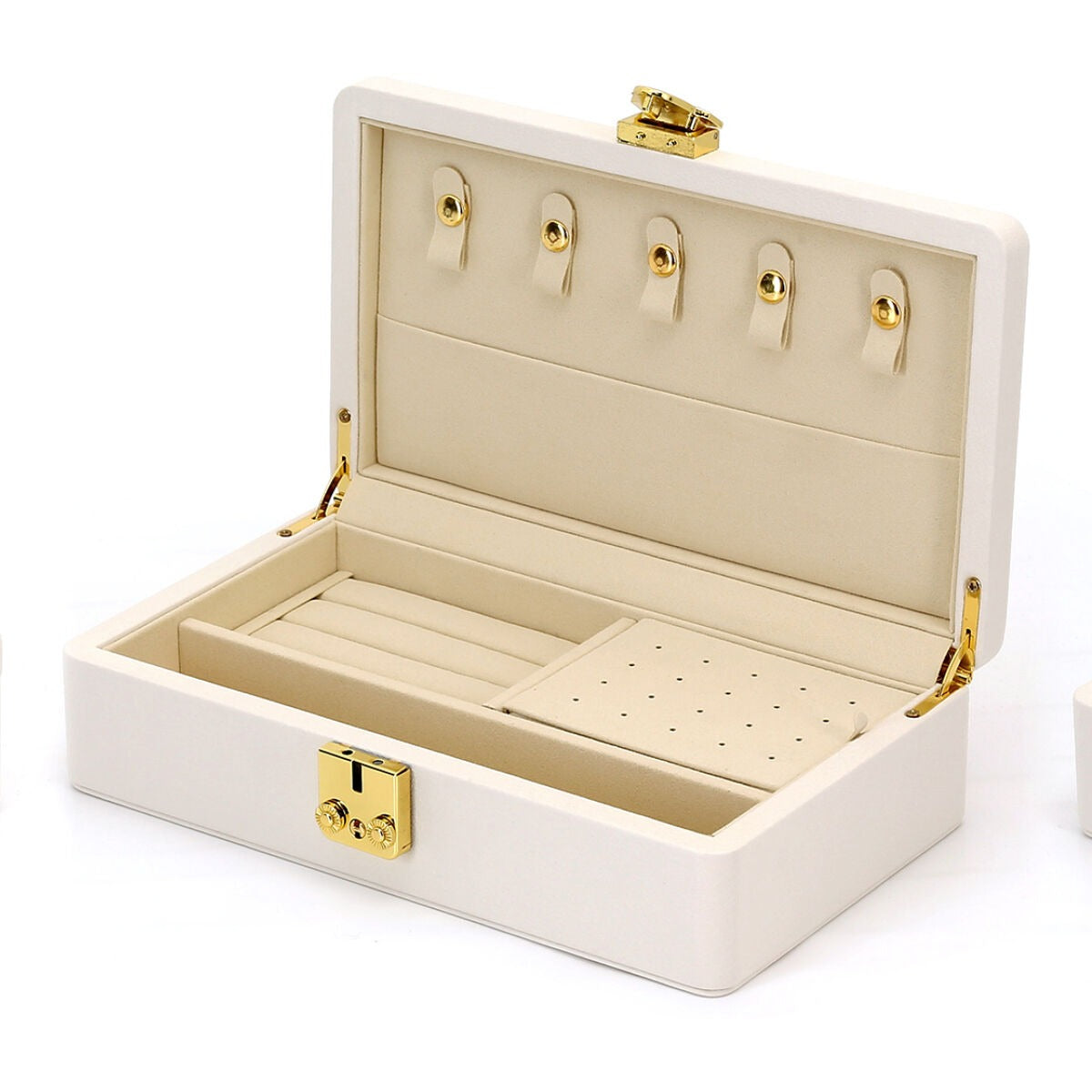 Cofanetto porta gioielli di lusso beige con accenti gialli – compatto ed elegante