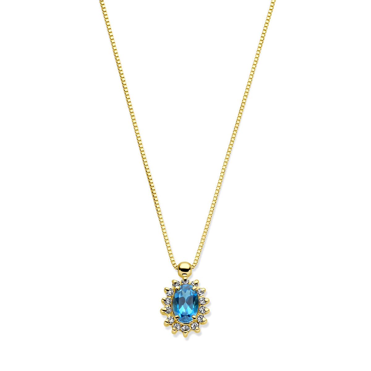 Collana in oro giallo 14k con topazio London Blue e diamanti.