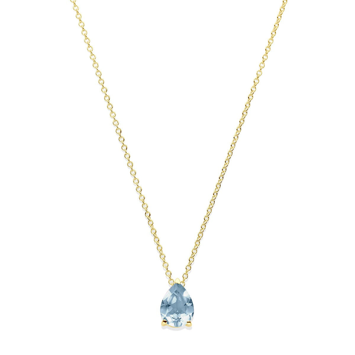 Collana in oro giallo 14k con topazio blu a forma di goccia.