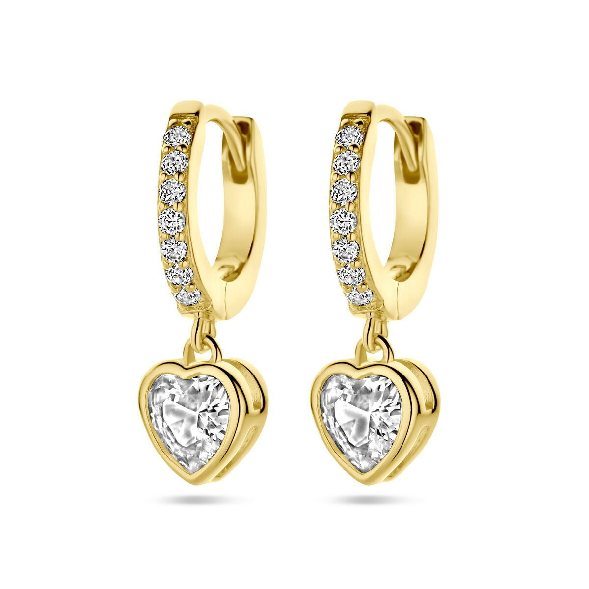 Orecchini a cerchio in argento dorato con zirconia a forma di cuore ed entourage