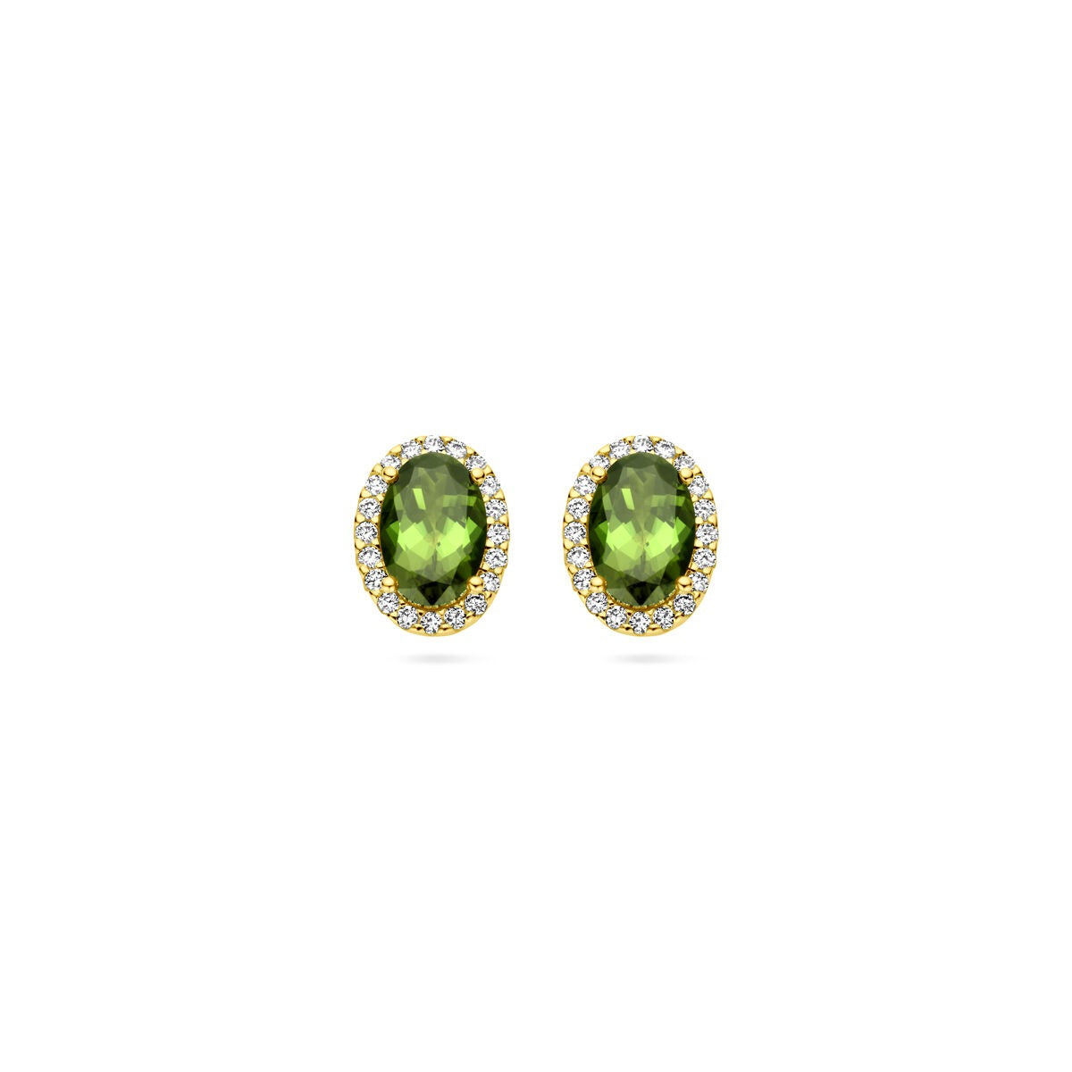 Orecchini in oro giallo 14k con tormalina verde e diamanti incastonati.