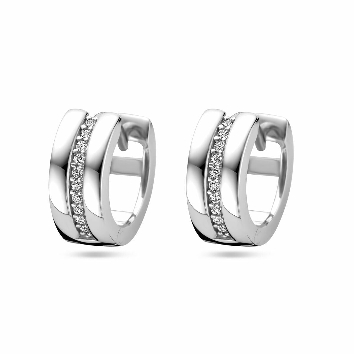 Orecchini alla creola in argento rodiato 925 con zircone, design moderno e lucido.