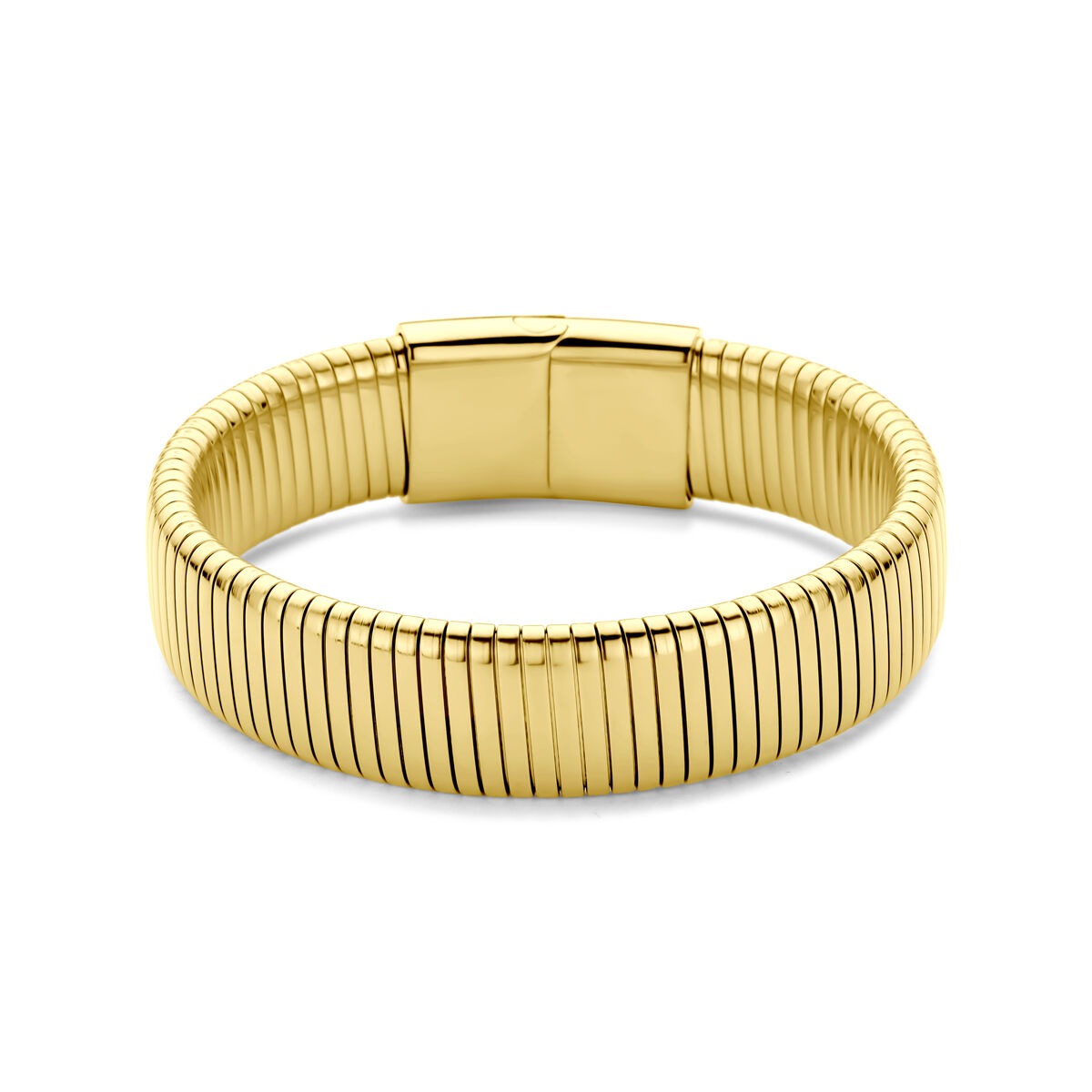 Bracciale in acciaio dorato da donna, 15 mm di larghezza, con chiusura a scatto.